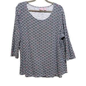 Classic Chico's Womens 3/XL Navy Blue White Red Geometric Tile Print Cotton Top